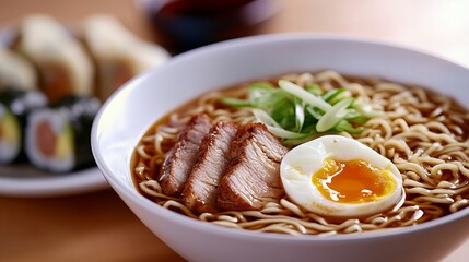 A delicious bowl of ramen with tender slices of meat, a soft-boiled egg, and green onions, served with sushi rolls in the background.