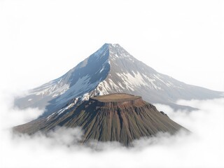Majestic stratovolcano emerging from misty clouds with snow capped peak