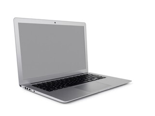 Modern silver laptop showing blank screen on white background