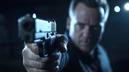 Close-up of a man aiming a handgun.