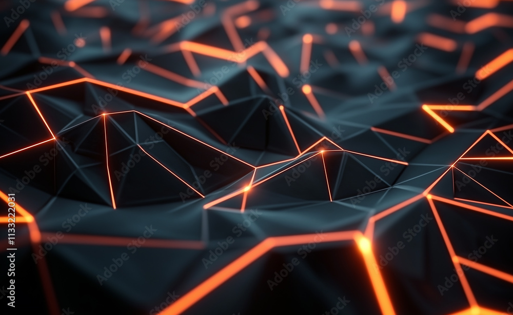 Poster a dark geometric surface with glowing orange lines creating a futuristic and abstract technological 