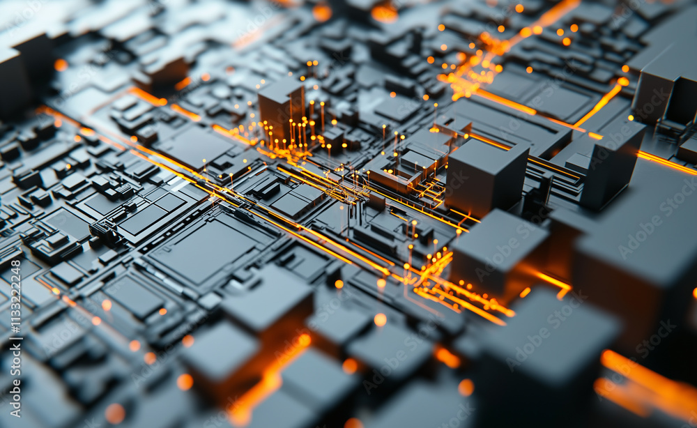 Poster a detailed futuristic microchip with glowing orange circuits embedded in a dark geometric surface, s