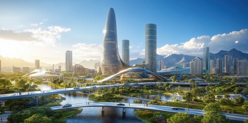 Obraz premium Futuristic cityscape showcases innovative architecture and lush greenery under a bright blue sky at sunset