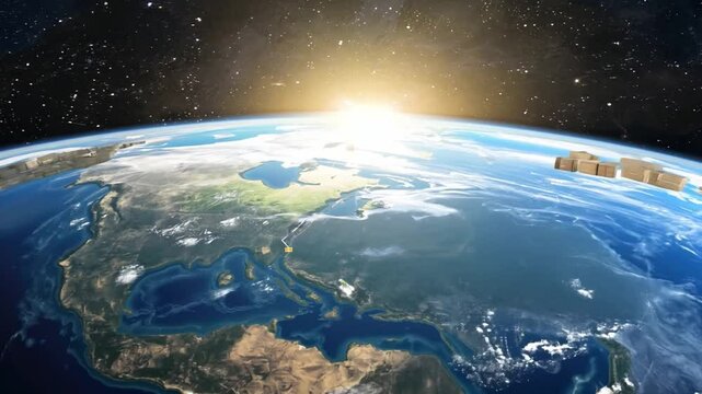 Koncepcja globalnej logistyki z paczkami orbitującymi wok&oacute;ł Ziemi, symbolizująca światowy handel i transport.


