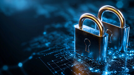 Secure digital locks symbolize cybersecurity and data protection. image features two metallic padlocks glowing circuit board background, representing importance of safeguarding information digital