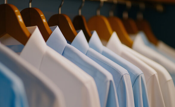 A row of neatly ironed blue and white dress shirts hanging on wooden hangers in a wardrobe or clothing store.