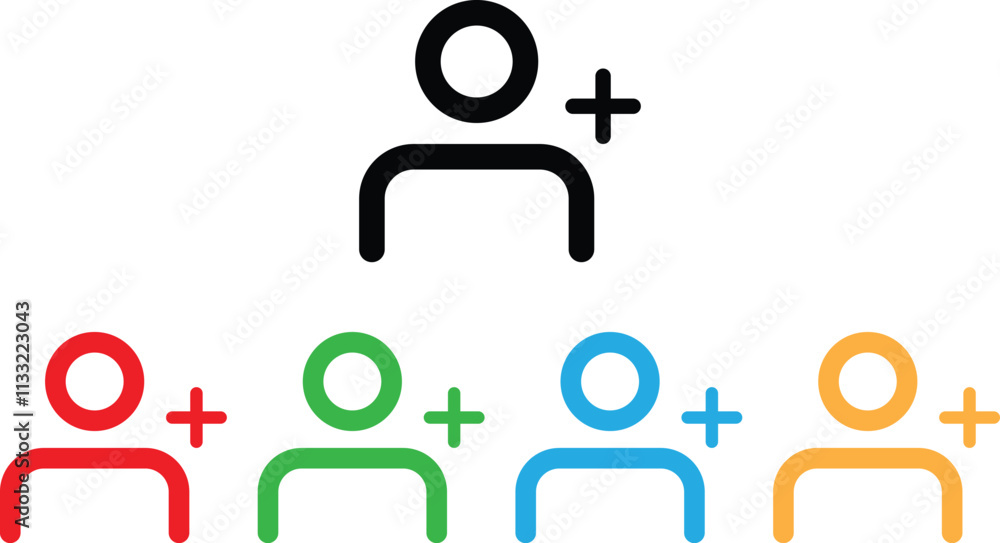 Poster colorful add user icon set in five colors . add friend icon with plus symbol . add new user icon vec