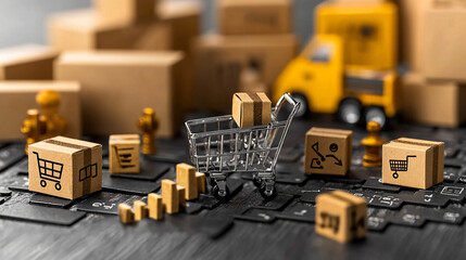 Shopping cart with small boxes on keyboard, symbolizing e commerce and digital marketing. scene conveys concept of online retail and logistics