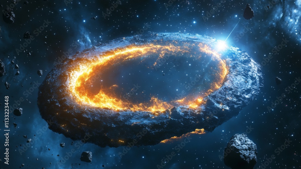 Poster a glowing asteroid ring floats in the cold, dark vastness of space, with scattered rocks and a dista