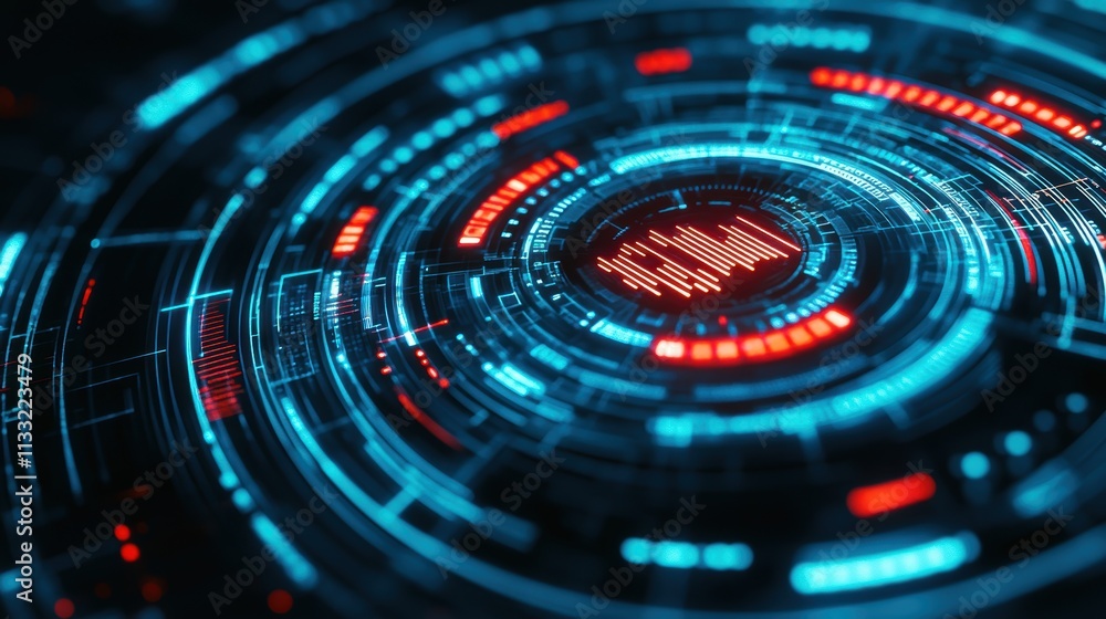 Poster a high-tech digital interface featuring concentric circles with glowing blue and red elements, sugge