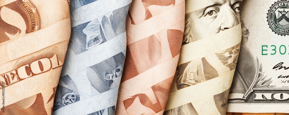Poster a close-up of various rolled banknotes arranged side by side, showcasing different currencies with i