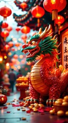 Fototapeta premium A celebration of Chinese New Year that features a carefully crafted and intricately carved wooden dragon as its central figure.