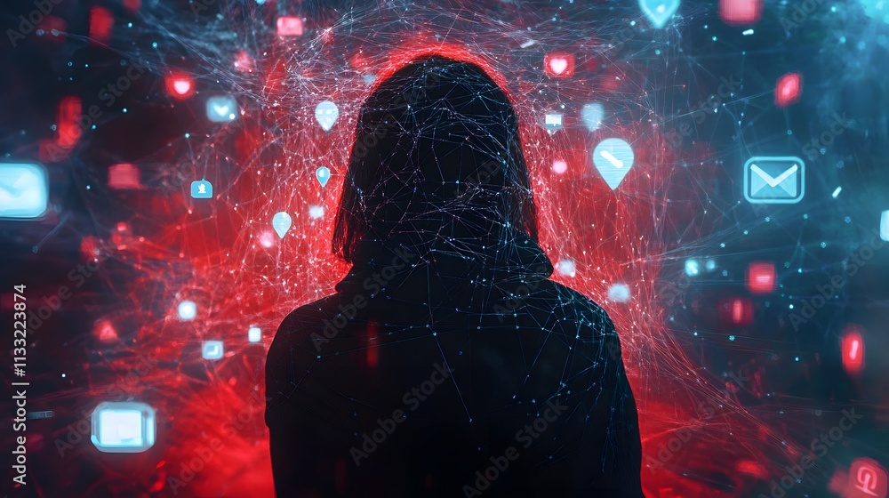 Poster silhouette of a person surrounded by digital icons representing communication and connectivity in a 