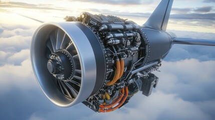Close-up view of a turbofan engine on an aircraft in flight, showcasing intricate details against a backdrop of clouds and a vibrant sunset.