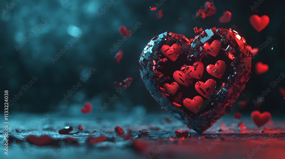 Poster abstract representation of a shattered heart with floating red hearts, symbolizing love, emotion, an