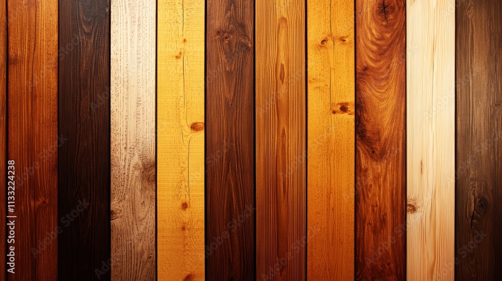 Poster A close-up image of wooden planks arranged vertically, showcasing various tones and textures from light to dark, creating a visually appealing pattern.