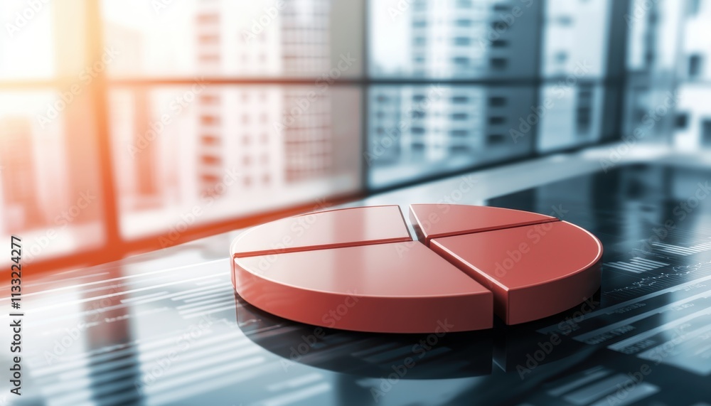 Poster a red pie chart sits on a table with a blurred cityscape in the background, symbolizing data analysi
