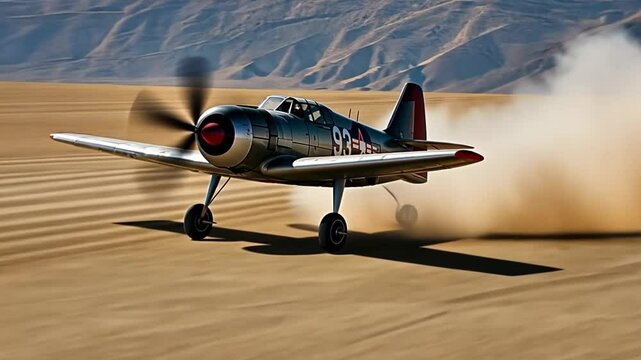 Vintage airplane speeding on the desert ground