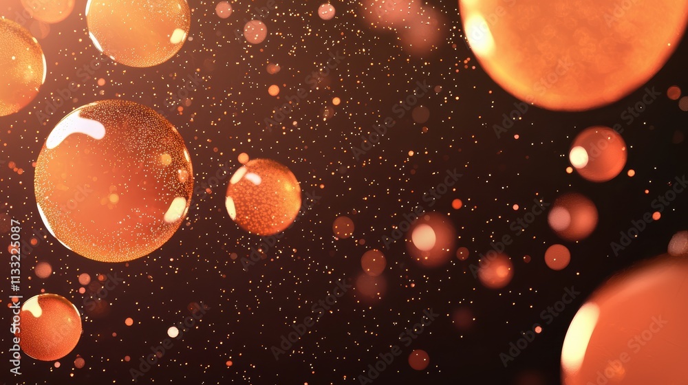 Poster a mesmerizing close-up of shimmering orange bubbles suspended in a dark background, creating a dream