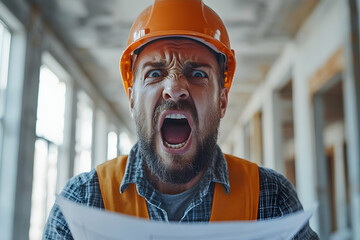 Frustrated Construction Worker Reviewing Plans, Angry Expression, Intense Emotion, Construction Site Background,  Detailed Close-up,  High-Contrast Image