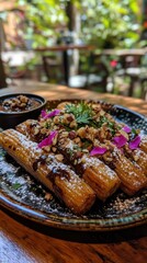 Fototapeta premium A plate of dessert featuring fried dough, chocolate sauce, nuts, and edible flowers.