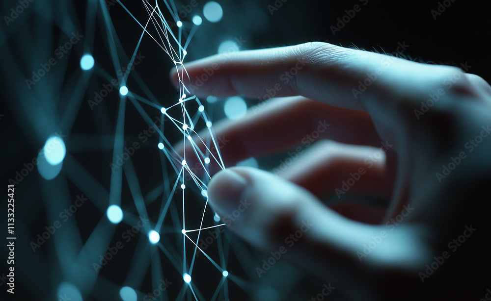 Poster a hand interacting with glowing digital nodes and a futuristic network, symbolizing technology and c
