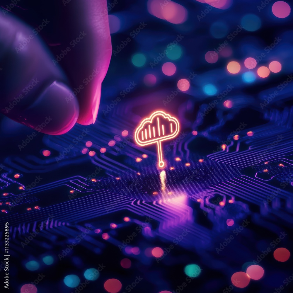 Poster a hand hovers over a glowing cloud symbol on a circuit board, representing data and technology in a 