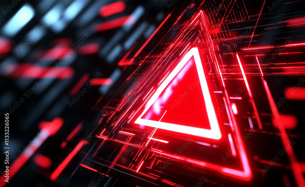 Poster a red glowing triangular symbol surrounded by abstract digital lines and futuristic technology effec