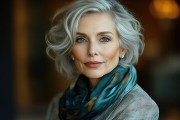 Fototapeta premium Elegant mature woman with short, wavy gray hair, wearing a teal scarf. Beautiful portrait.