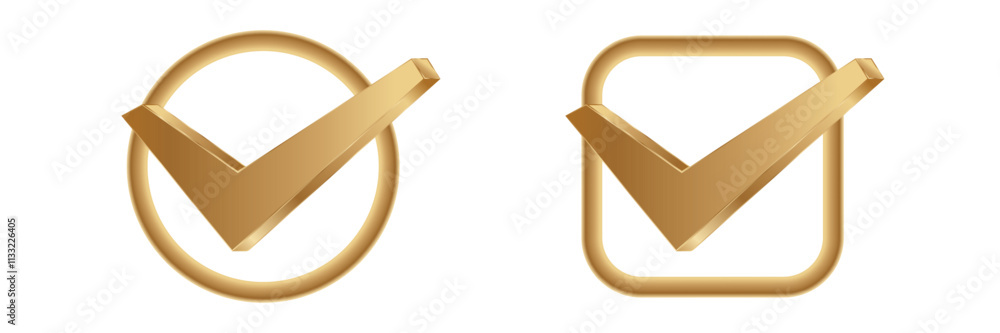 Poster two golden check marks inside a circle and a square, representing approval and success.