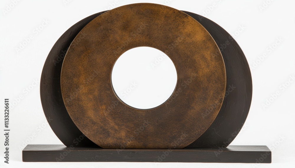 Poster a modern sculpture featuring two overlapping circular forms with a central hole, resting on a rectan