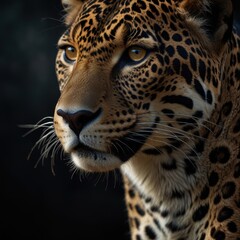 Obraz premium Jaguar - a powerful predator of America. A magnificent, solitary hunter with strong musculature and distinctive rosettes on its fur. A symbol of wildlife.