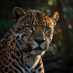 Fototapeta premium Jaguar - a powerful predator of America. A magnificent, solitary hunter with strong musculature and distinctive rosettes on its fur. A symbol of wildlife.