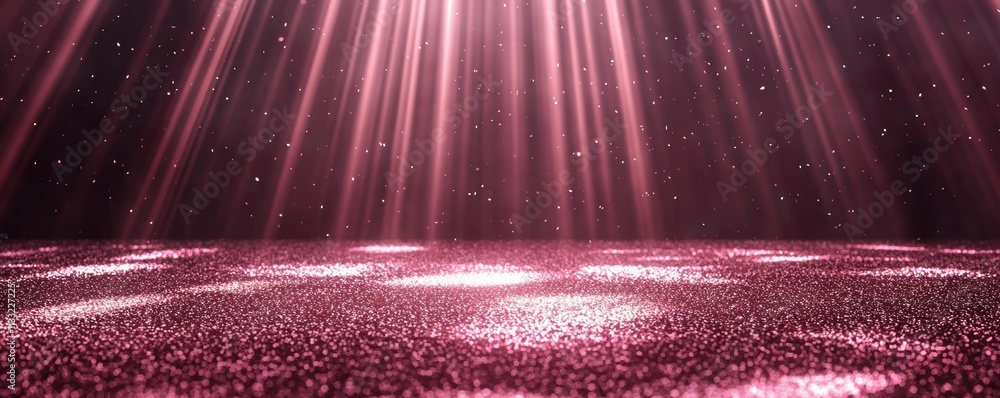 Poster a serene, abstract scene featuring soft pink light beams illuminating a textured surface, creating a