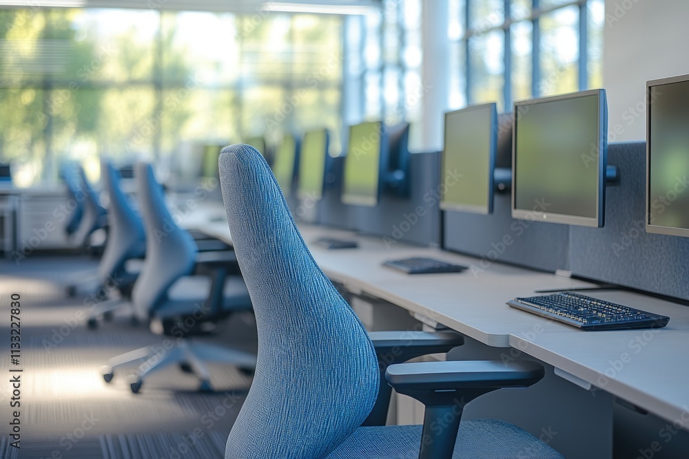Aufkleber modern office workspace with rows of computers and ergonomic chairs near large windows.