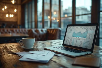 A laptop displays financial data charts in a cafe, accompanied by a cup of coffee and paperwork.