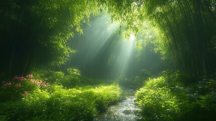 Fototapeta premium Misty bamboo forest with sunlight filtering through lush greenery and a flowing stream