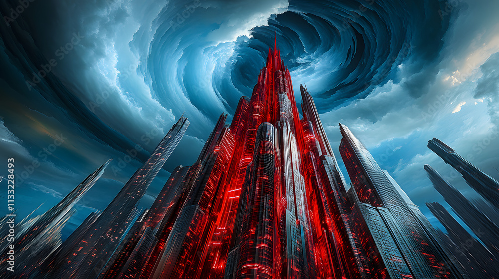 Poster three glowing skyscrapers in red light contrast sharply with a dynamic swirling blue sky, creating a