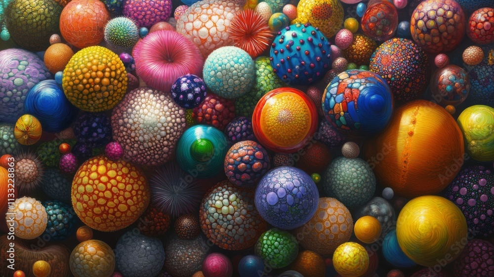 Poster a vibrant collection of abstract spheres in various colors and textures, showcasing intricate detail