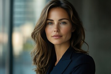 Fototapeta premium A beautiful woman with long brown hair, wearing a dark blue blazer, looks directly at the camera.