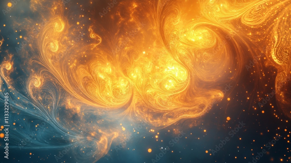 Poster vibrant abstract design with intense fiery orange and cool blue swirling patterns. the cosmic effect