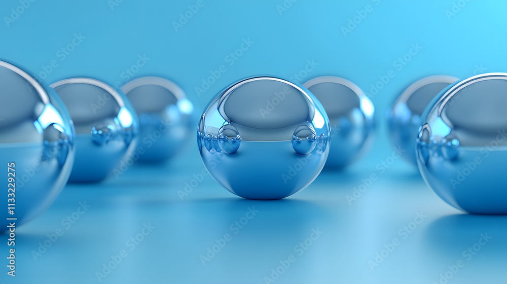 Poster close-up of connected metallic spheres with a reflective surface, set in a smooth gradient of blue t