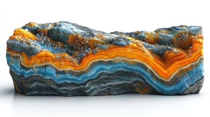 Colorful, layered rock specimen with vibrant orange and blue bands.