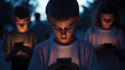 Children Focusing on Smartphones in a Dimly Lit Outdoor Setting, Engrossed in Digital Devices While Surrounded by Soft Light and Nature at Dusk