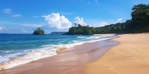 Obraz premium Soft waves lap at the shore, highlighting the pristine golden sand and lush greenery