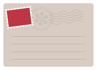 Postcard Blank template with stamps, postmarks and lines for text. Empty greeting card or mail Letter. Paper message with vintage design. Vector illustration.