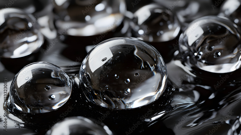 Poster a macro shot of reflective glass bubbles on a glossy black surface, creating a futuristic and abstra