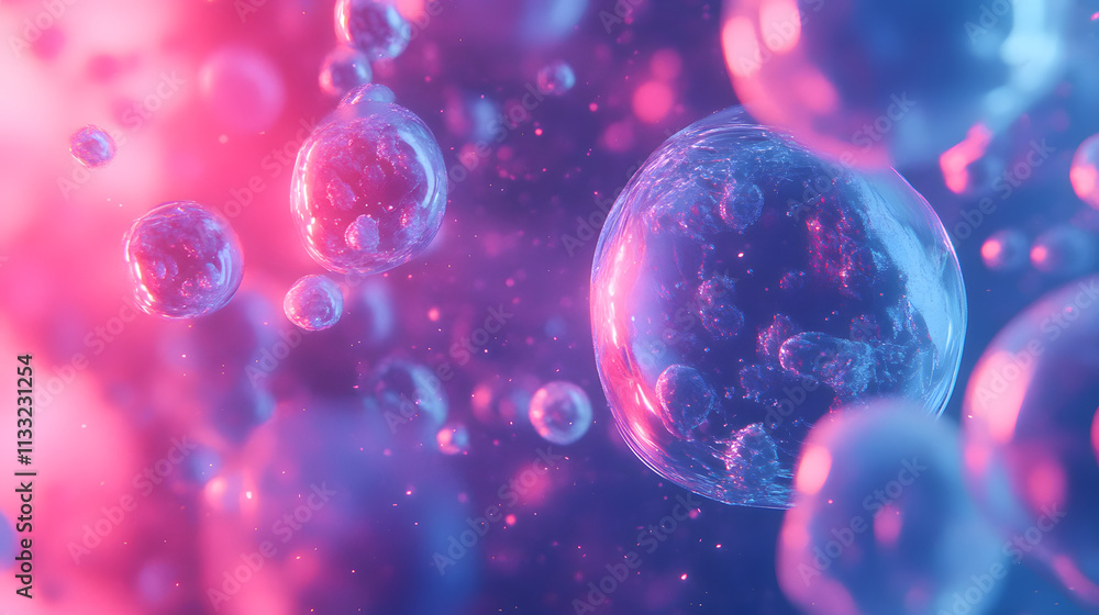 Poster a close-up of glowing microbial spheres in vibrant pink and blue tones, resembling cellular structur