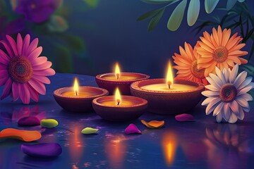 Beautiful background in dark colours. Indian style. Diya lamp and flowers. Hindu puja. 
Banner, poster, wallpaper or background with space for text. Vishu festival, Ugadi, Gudi Padwa, Diwali