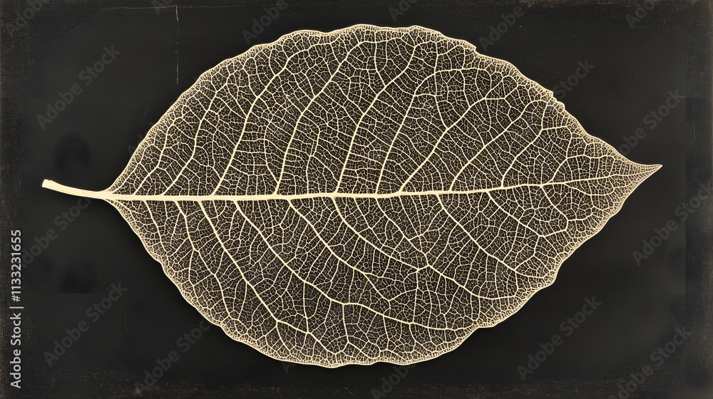 Poster a detailed image of a single skeletonized leaf showing its intricate vein structure on a dark textur